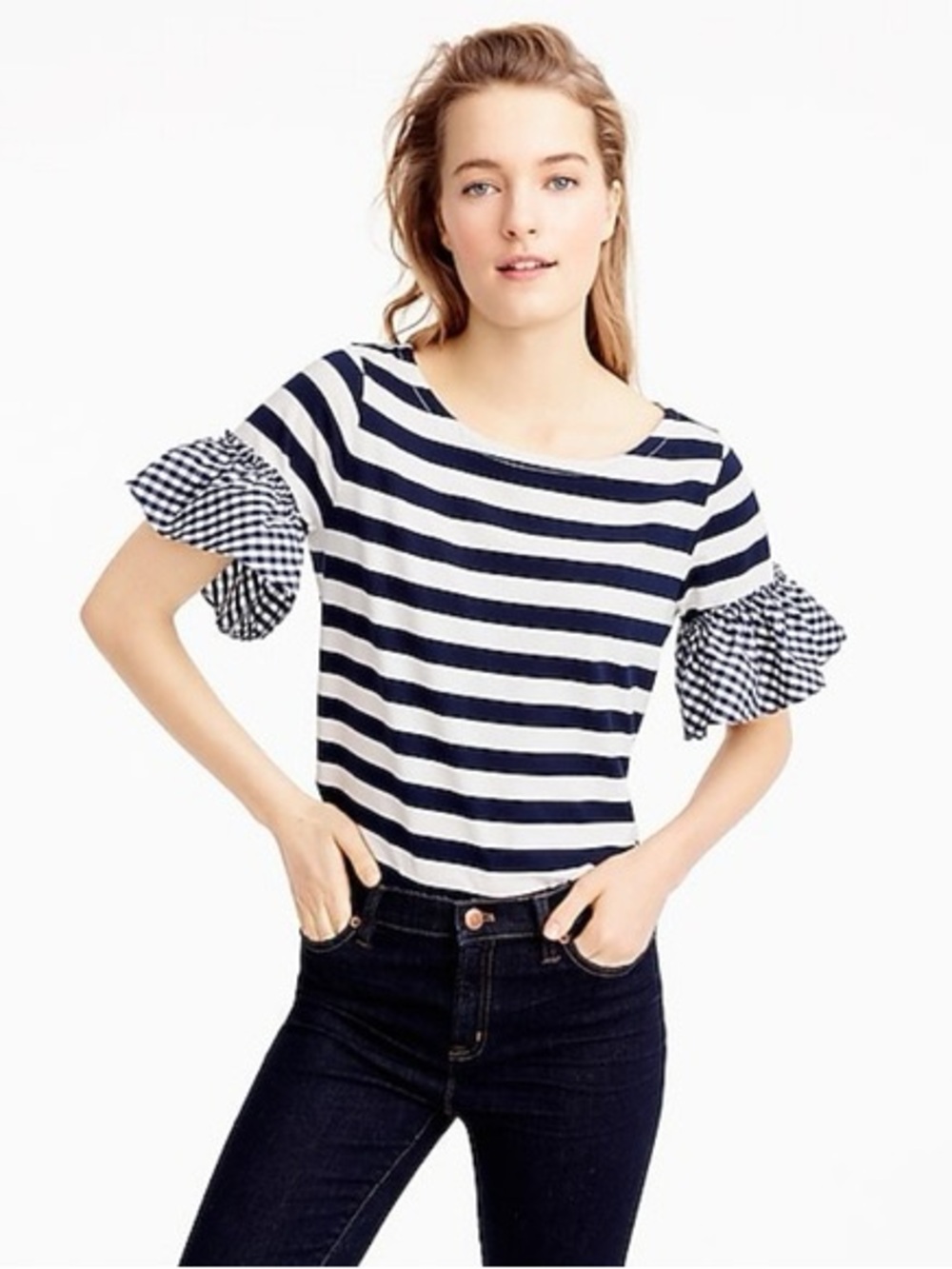 (A1)J. Crew Navy and White Striped Tee with Gingham Ruffle Sleeves,Sz S